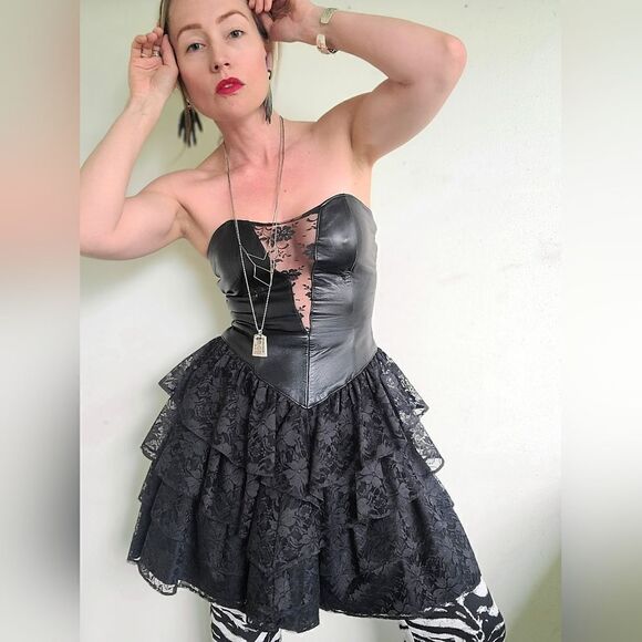 The Black Swan Iconic 1980s Leather + Lace Dress XS - Picture 11 of 16